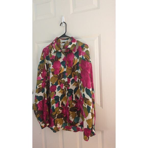 Express Tops - Express Women's Vintage Silk Floral Long Sleeve Button Down Shirt, Large, Artsy